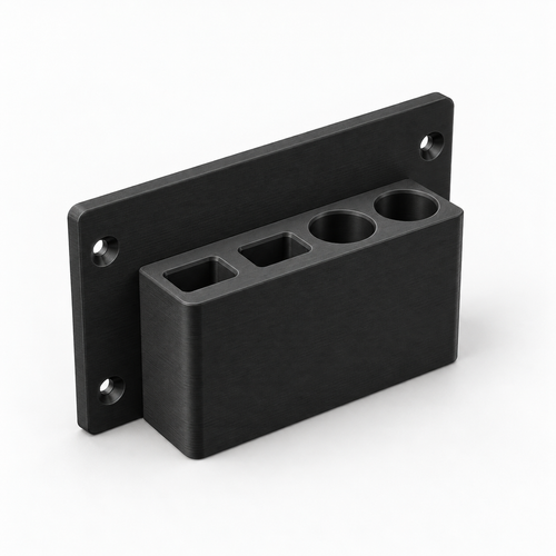 The black four-pocket pencil and marker holder on its own, showing two rectangular pencil slots, two round marker pockets and four countersunk screw holes.