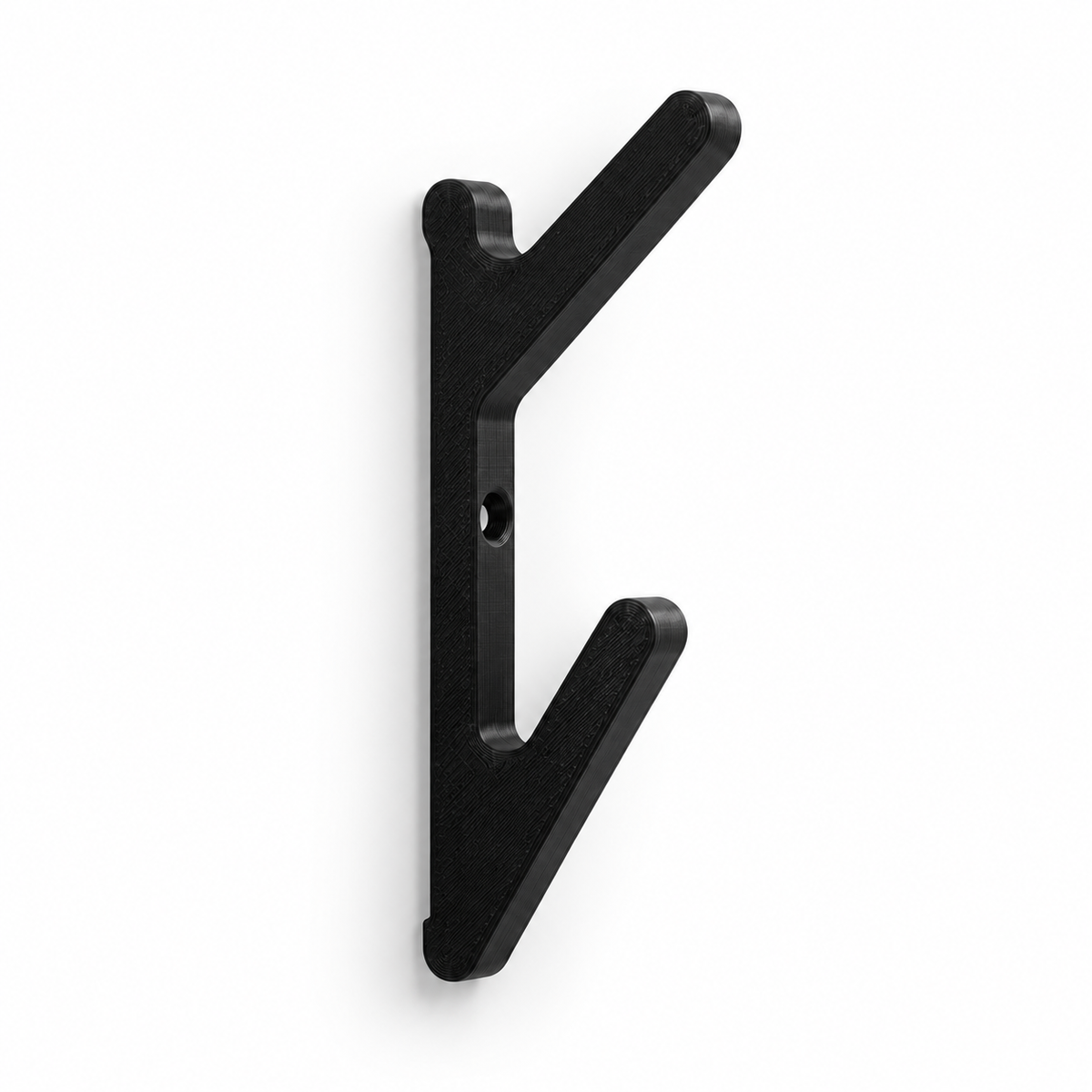 One black angled double hook showing two upward arms and its mounting hole; three units supplied.