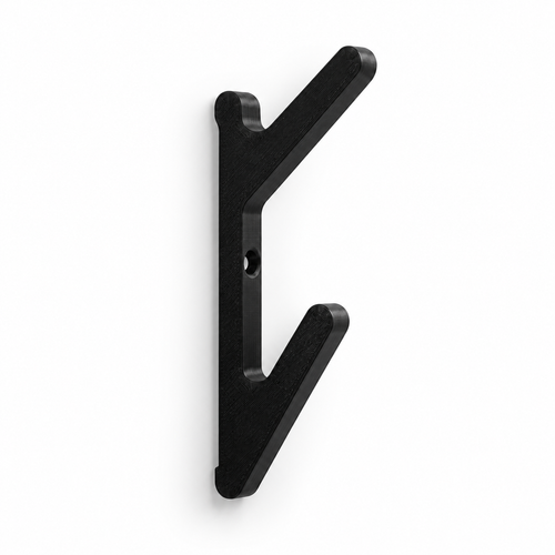 One black angled double hook showing two upward arms and its mounting hole; three units supplied.