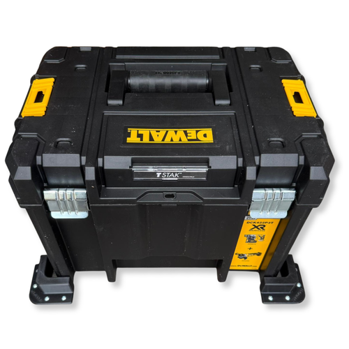 BoxStopz black brackets holding a DeWalt toolbox in place