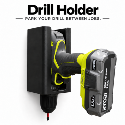 Black sleeve-style drill holder with a Ryobi cordless drill fitted; Park your drill between jobs.