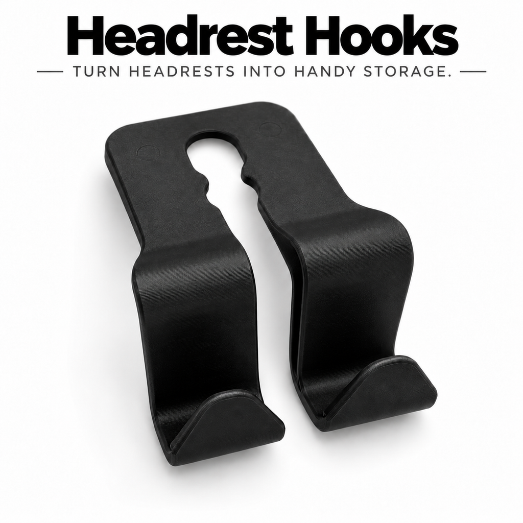 Black twin-hook headrest hanger; Turn headrests into handy storage.