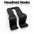 Black twin-hook headrest hanger; Turn headrests into handy storage.