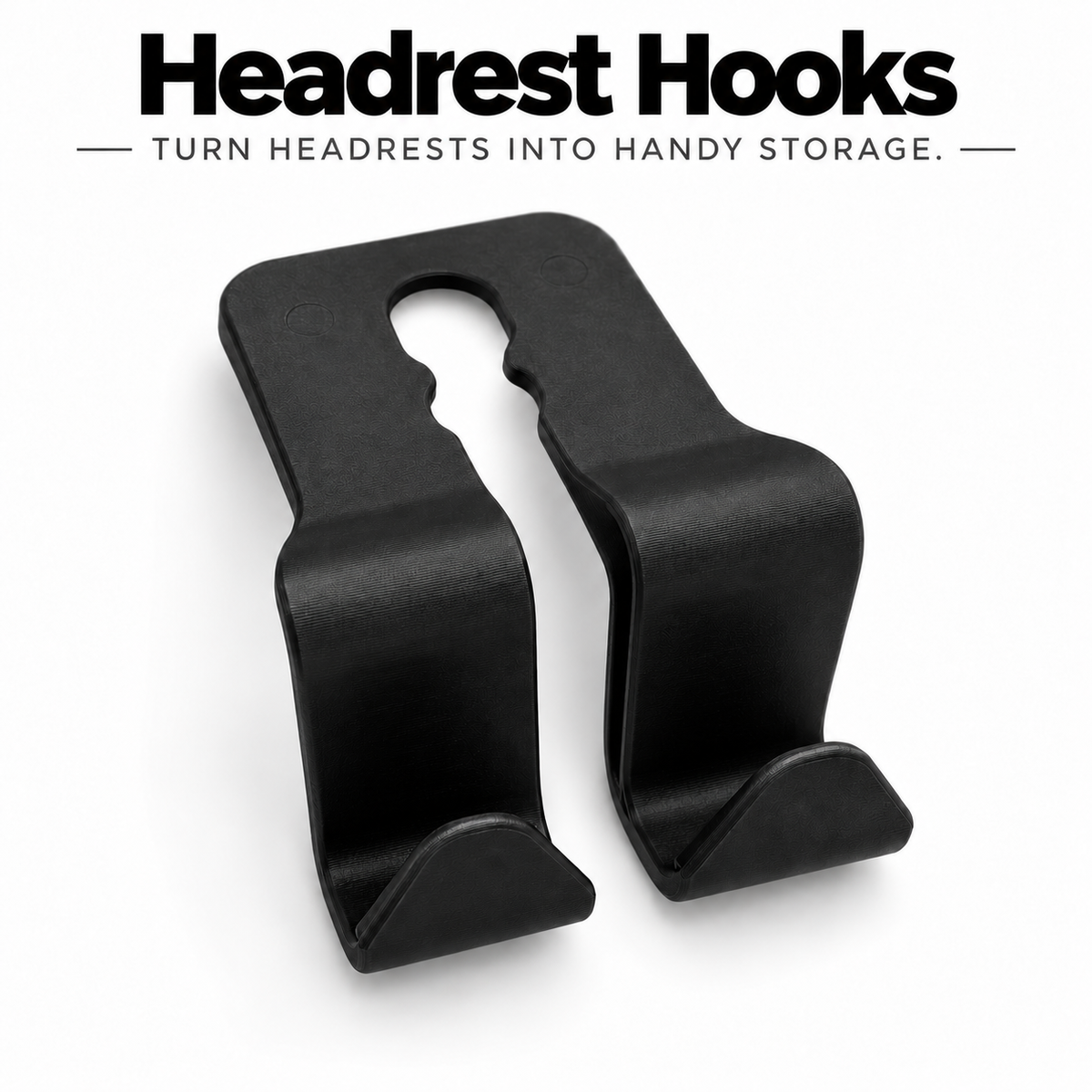 Black twin-hook headrest hanger; Turn headrests into handy storage.