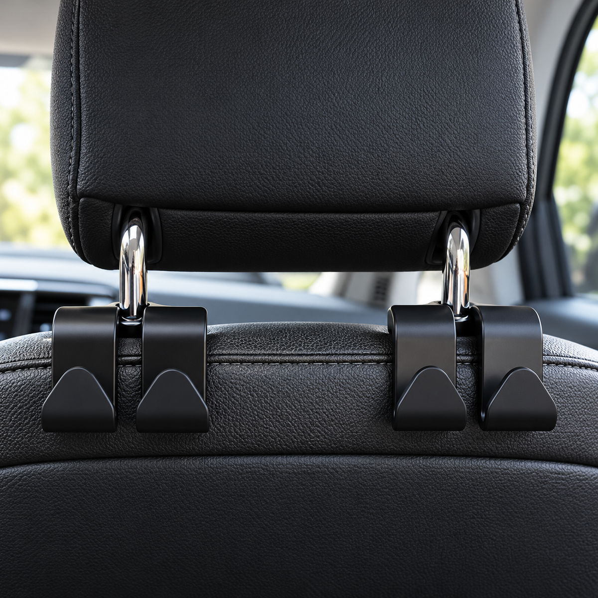 Installation example showing two twin-hook hanger units behind a vehicle headrest.