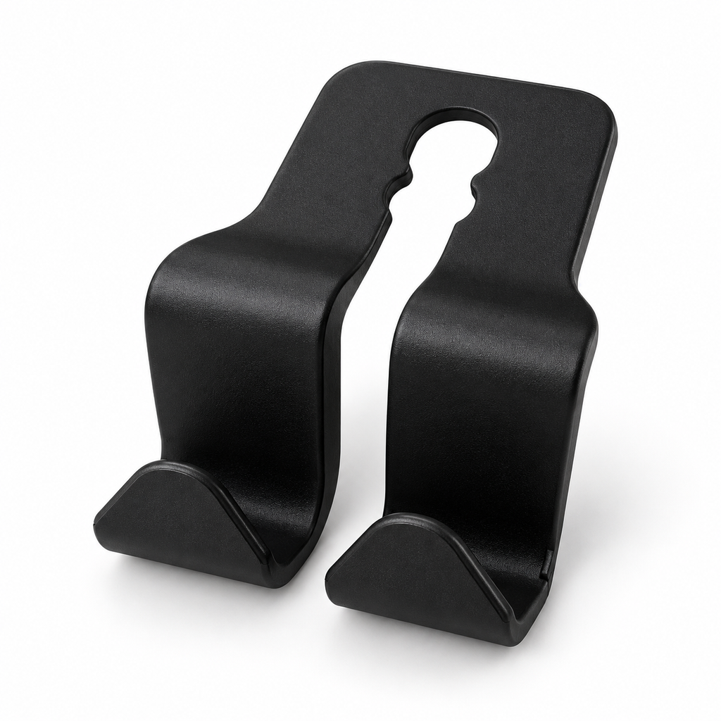 One black headrest hanger unit with two hooks and a central headrest-post opening.