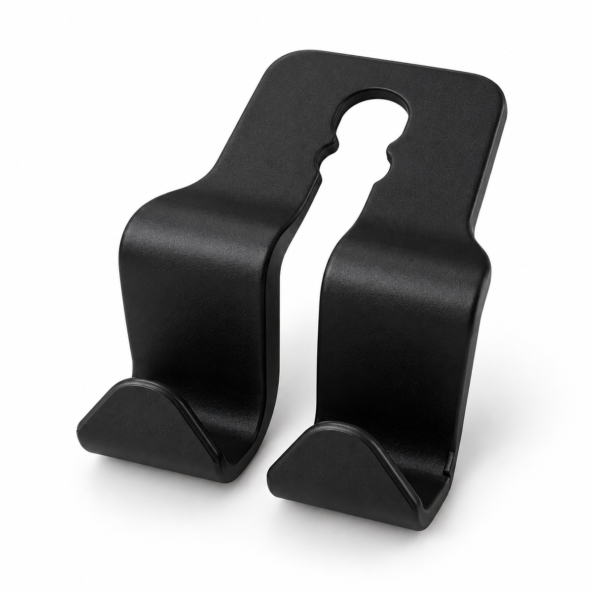 One black headrest hanger unit with two hooks and a central headrest-post opening.