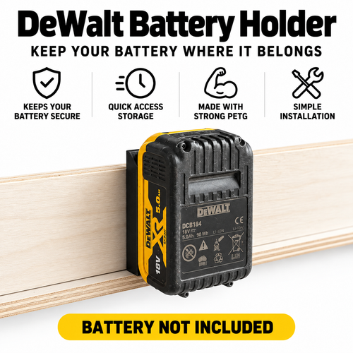 DeWalt 18V 5.0Ah battery pack held on a black VanMount bracket screwed to a timber batten. Battery not included.