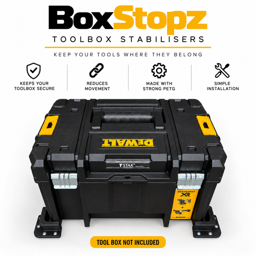 A stackable toolbox sitting inside four black BoxStopz anti-slide brackets. Toolbox not included.